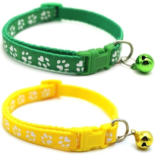 Doggie Style Store Halsbänder für kleine Hunde, Welpen, Katzen, Kätzchen, Pfotenabdruck, Nylon, mit Glöckchen, zwei Farben, Grün und Gelb, 2 Stück von Doggie Style Store