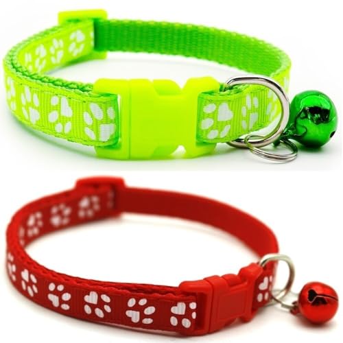 Doggie Style Store Halsbänder für kleine Hunde, Welpen, Katzen, Kätzchen, Pfotenabdruck, Nylon, mit Glöckchen, zwei Farben, Hellgrün und Rot, 2 Stück Doggie Style Store Halsbänder für kleine Hunde, Welpen, Katzen, Kätzchen, Pfotenabdruck, Nylon, mit Glöckchen, zwei Farben, Hellgrün und Rot, 2 Stück von Doggie Style Store
