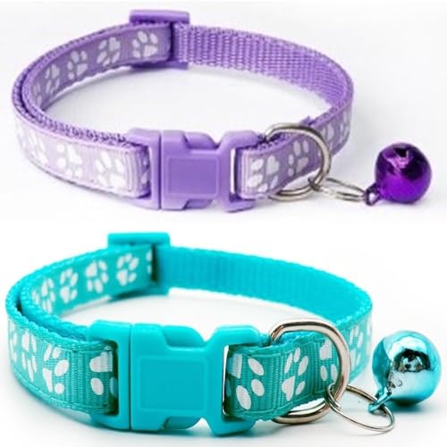 Doggie Style Store Halsbänder für kleine Hunde, Welpen, Katzen, Kätzchen, Pfotenabdruck, Nylon, mit Glöckchen, zwei Farben, Hellviolett und Türkis, 2 Stück Doggie Style Store Halsbänder für kleine Hunde, Welpen, Katzen, Kätzchen, Pfotenabdruck, Nylon, mit Glöckchen, zwei Farben, Hellviolett und Türkis, 2 Stück von Doggie Style Store