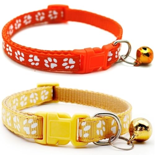 Doggie Style Store Halsbänder für kleine Hunde, Welpen, Katzen, Kätzchen, Pfotenabdruck, Nylon, mit Glöckchen, zwei Farben, Orange und Beige, 2 Stück Doggie Style Store Halsbänder für kleine Hunde, Welpen, Katzen, Kätzchen, Pfotenabdruck, Nylon, mit Glöckchen, zwei Farben, Orange und Beige, 2 Stück von Doggie Style Store