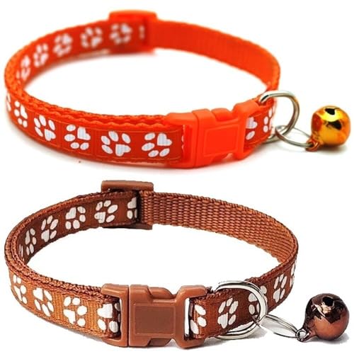Doggie Style Store Halsbänder für kleine Hunde, Welpen, Katzen, Kätzchen, Pfotenabdruck, Nylon, mit Glöckchen, zwei Farben, Orange und Braun, 2 Stück Doggie Style Store Halsbänder für kleine Hunde, Welpen, Katzen, Kätzchen, Pfotenabdruck, Nylon, mit Glöckchen, zwei Farben, Orange und Braun, 2 Stück von Doggie Style Store