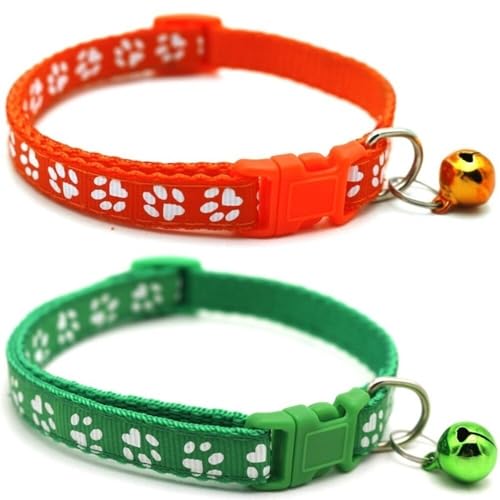Doggie Style Store Halsbänder für kleine Hunde, Welpen, Katzen, Kätzchen, Pfotenabdruck, Nylon, mit Glöckchen, zwei Farben, Orange und Grün, 2 Stück Doggie Style Store Halsbänder für kleine Hunde, Welpen, Katzen, Kätzchen, Pfotenabdruck, Nylon, mit Glöckchen, zwei Farben, Orange und Grün, 2 Stück von Doggie Style Store