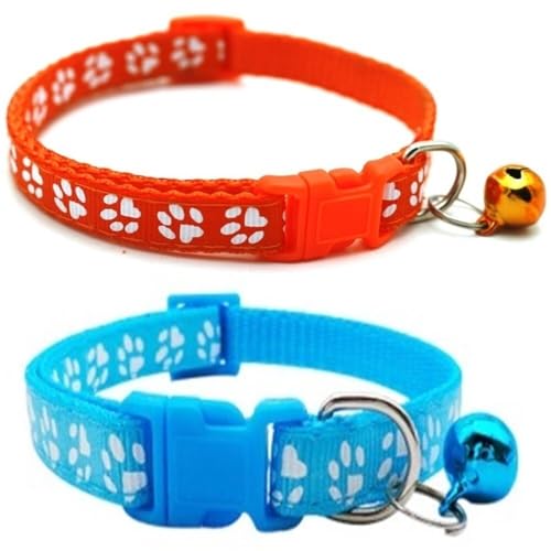 Doggie Style Store Halsbänder für kleine Hunde, Welpen, Katzen, Kätzchen, Pfotenabdruck, Nylon, mit Glöckchen, zwei Farben, Orange und Hellblau, 2 Stück von Doggie Style Store