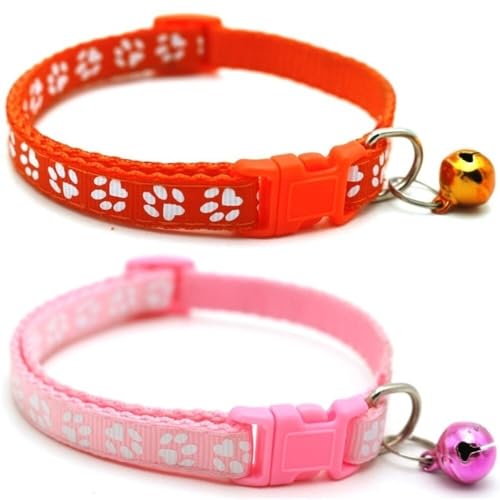 Doggie Style Store Halsbänder für kleine Hunde, Welpen, Katzen, Kätzchen, Pfotenabdruck, Nylon, mit Glöckchen, zwei Farben, Orange und Rosa, 2 Stück Doggie Style Store Halsbänder für kleine Hunde, Welpen, Katzen, Kätzchen, Pfotenabdruck, Nylon, mit Glöckchen, zwei Farben, Orange und Rosa, 2 Stück von Doggie Style Store