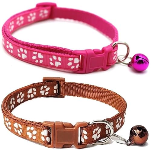 Doggie Style Store Halsbänder für kleine Hunde, Welpen, Katzen, Kätzchen, Pfotenabdruck, Nylon, mit Glöckchen, zwei Farben, Rosa und Braun, 2 Stück Doggie Style Store Halsbänder für kleine Hunde, Welpen, Katzen, Kätzchen, Pfotenabdruck, Nylon, mit Glöckchen, zwei Farben, Rosa und Braun, 2 Stück von Doggie Style Store