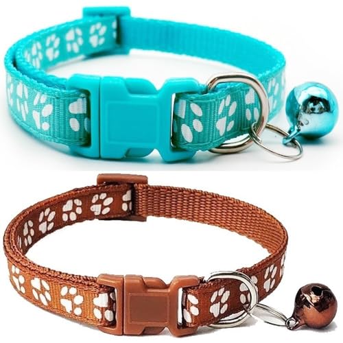 Doggie Style Store Halsbänder für kleine Hunde, Welpen, Katzen, Kätzchen, Pfotenabdruck, Nylon, mit Glöckchen, zwei Farben, Türkis und Braun, 2 Stück Doggie Style Store Halsbänder für kleine Hunde, Welpen, Katzen, Kätzchen, Pfotenabdruck, Nylon, mit Glöckchen, zwei Farben, Türkis und Braun, 2 Stück von Doggie Style Store