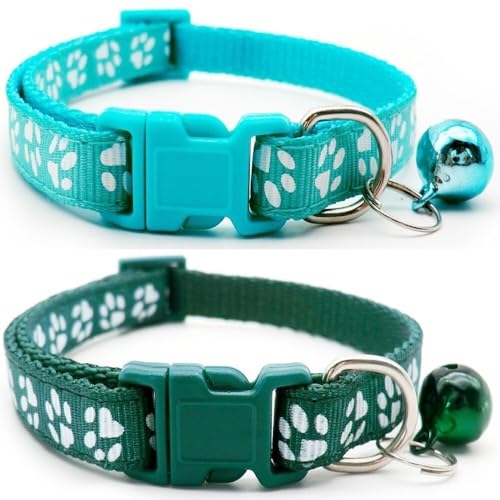 Doggie Style Store Halsbänder für kleine Hunde, Welpen, Katzen, Kätzchen, Pfotenabdruck, Nylon, mit Glöckchen, zwei Farben, Türkis und Dunkelgrün, 2 Stück Doggie Style Store Halsbänder für kleine Hunde, Welpen, Katzen, Kätzchen, Pfotenabdruck, Nylon, mit Glöckchen, zwei Farben, Türkis und Dunkelgrün, 2 Stück von Doggie Style Store