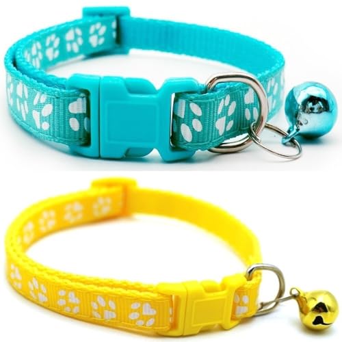 Doggie Style Store Halsbänder für kleine Hunde, Welpen, Katzen, Kätzchen, Pfotenabdruck, Nylon, mit Glöckchen, zwei Farben, Türkis und Gelb, 2 Stück Doggie Style Store Halsbänder für kleine Hunde, Welpen, Katzen, Kätzchen, Pfotenabdruck, Nylon, mit Glöckchen, zwei Farben, Türkis und Gelb, 2 Stück von Doggie Style Store