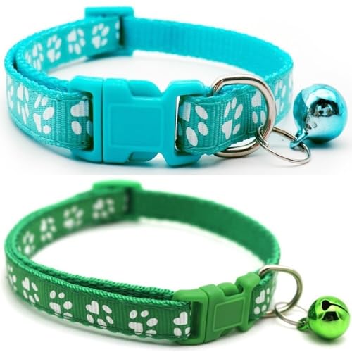Doggie Style Store Halsbänder für kleine Hunde, Welpen, Katzen, Kätzchen, Pfotenabdruck, Nylon, mit Glöckchen, zwei Farben, Türkis und Grün, 2 Stück Doggie Style Store Halsbänder für kleine Hunde, Welpen, Katzen, Kätzchen, Pfotenabdruck, Nylon, mit Glöckchen, zwei Farben, Türkis und Grün, 2 Stück von Doggie Style Store