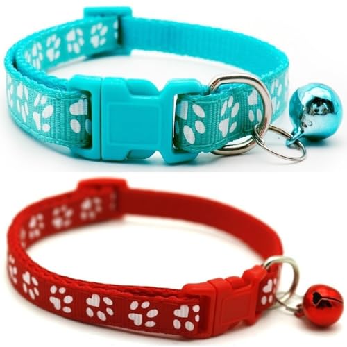 Doggie Style Store Halsbänder für kleine Hunde, Welpen, Katzen, Kätzchen, Pfotenabdruck, Nylon, mit Glöckchen, zwei Farben, Türkis und Rot, 2 Stück Doggie Style Store Halsbänder für kleine Hunde, Welpen, Katzen, Kätzchen, Pfotenabdruck, Nylon, mit Glöckchen, zwei Farben, Türkis und Rot, 2 Stück von Doggie Style Store