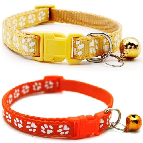 Doggie Style Store Halsbänder für kleine Hunde, Welpen, Katzen, Kätzchen, Pfotenabdruck, Nylon, mit Glöckchen, zweifarbig, Beige und Orange, 2 Stück Doggie Style Store Halsbänder für kleine Hunde, Welpen, Katzen, Kätzchen, Pfotenabdruck, Nylon, mit Glöckchen, zweifarbig, Beige und Orange, 2 Stück von Doggie Style Store