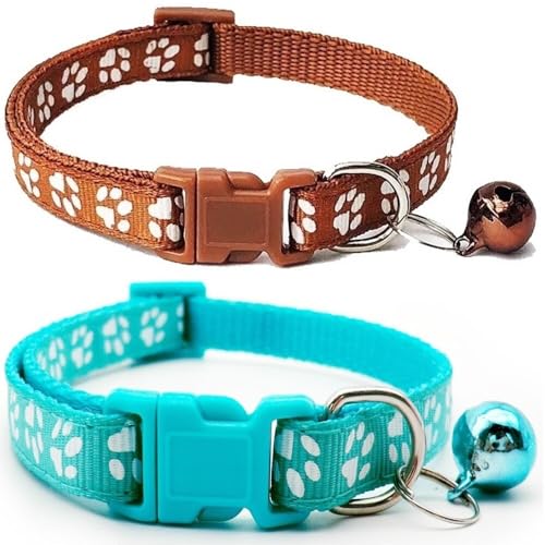 Doggie Style Store Halsbänder für kleine Hunde, Welpen, Katzen, Kätzchen, Pfotenabdruck, Nylon, mit Glöckchen, zweifarbig, Braun und Türkis, 2 Stück Doggie Style Store Halsbänder für kleine Hunde, Welpen, Katzen, Kätzchen, Pfotenabdruck, Nylon, mit Glöckchen, zweifarbig, Braun und Türkis, 2 Stück von Doggie Style Store