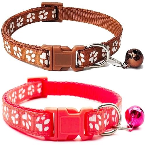 Doggie Style Store Halsbänder für kleine Hunde, Welpen, Katzen, Kätzchen, Pfotenabdruck, Nylon, mit Glöckchen, zweifarbig, Braun und Wassermelone, 2 Stück Doggie Style Store Halsbänder für kleine Hunde, Welpen, Katzen, Kätzchen, Pfotenabdruck, Nylon, mit Glöckchen, zweifarbig, Braun und Wassermelone, 2 Stück von Doggie Style Store