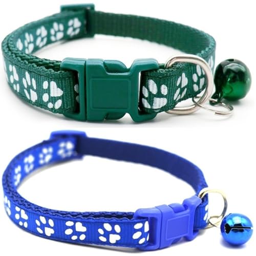 Doggie Style Store Halsbänder für kleine Hunde, Welpen, Katzen, Kätzchen, Pfotenabdruck, Nylon, mit Glöckchen, zweifarbig, Dunkelgrün und Blau, 2 Stück von Doggie Style Store
