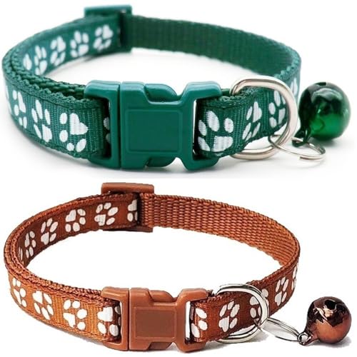 Doggie Style Store Halsbänder für kleine Hunde, Welpen, Katzen, Kätzchen, Pfotenabdruck, Nylon, mit Glöckchen, zweifarbig, Dunkelgrün und Braun, 2 Stück Doggie Style Store Halsbänder für kleine Hunde, Welpen, Katzen, Kätzchen, Pfotenabdruck, Nylon, mit Glöckchen, zweifarbig, Dunkelgrün und Braun, 2 Stück von Doggie Style Store