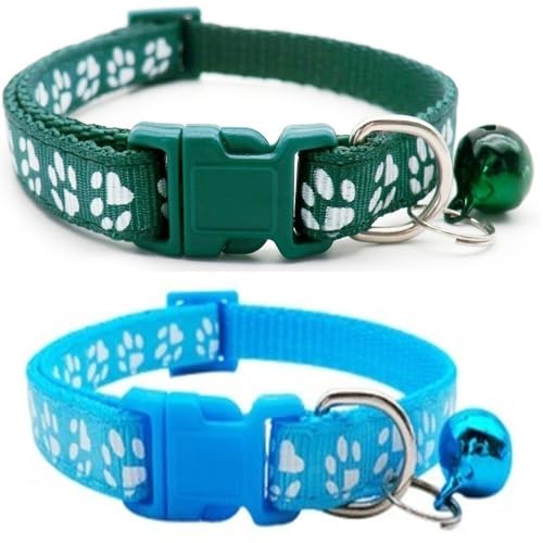 Doggie Style Store Halsbänder für kleine Hunde, Welpen, Katzen, Kätzchen, Pfotenabdruck, Nylon, mit Glöckchen, zweifarbig, Dunkelgrün und Hellblau, 2 Stück von Doggie Style Store