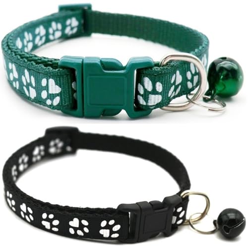 Doggie Style Store Halsbänder für kleine Hunde, Welpen, Katzen, Kätzchen, Pfotenabdruck, Nylon, mit Glöckchen, zweifarbig, Dunkelgrün und Schwarz, 2 Stück Doggie Style Store Halsbänder für kleine Hunde, Welpen, Katzen, Kätzchen, Pfotenabdruck, Nylon, mit Glöckchen, zweifarbig, Dunkelgrün und Schwarz, 2 Stück von Doggie Style Store