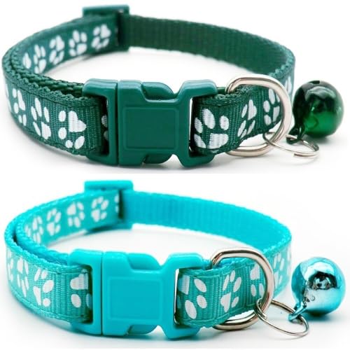 Doggie Style Store Halsbänder für kleine Hunde, Welpen, Katzen, Kätzchen, Pfotenabdruck, Nylon, mit Glöckchen, zweifarbig, Dunkelgrün und Türkis, 2 Stück Doggie Style Store Halsbänder für kleine Hunde, Welpen, Katzen, Kätzchen, Pfotenabdruck, Nylon, mit Glöckchen, zweifarbig, Dunkelgrün und Türkis, 2 Stück von Doggie Style Store