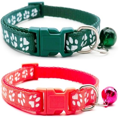 Doggie Style Store Halsbänder für kleine Hunde, Welpen, Katzen, Kätzchen, Pfotenabdruck, Nylon, mit Glöckchen, zweifarbig, Dunkelgrün und Wassermelone, 2 Stück Doggie Style Store Halsbänder für kleine Hunde, Welpen, Katzen, Kätzchen, Pfotenabdruck, Nylon, mit Glöckchen, zweifarbig, Dunkelgrün und Wassermelone, 2 Stück von Doggie Style Store