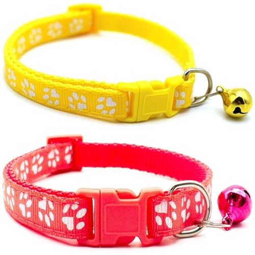 Doggie Style Store Halsbänder für kleine Hunde, Welpen, Katzen, Kätzchen, Pfotenabdruck, Nylon, mit Glöckchen, zweifarbig, Gelb und Wassermelone, 2 Stück Doggie Style Store Halsbänder für kleine Hunde, Welpen, Katzen, Kätzchen, Pfotenabdruck, Nylon, mit Glöckchen, zweifarbig, Gelb und Wassermelone, 2 Stück von Doggie Style Store
