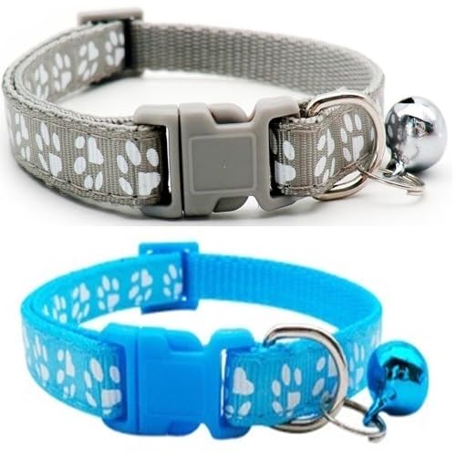Doggie Style Store Halsbänder für kleine Hunde, Welpen, Katzen, Kätzchen, Pfotenabdruck, Nylon, mit Glöckchen, zweifarbig, Grau und Hellblau, 2 Stück Doggie Style Store Halsbänder für kleine Hunde, Welpen, Katzen, Kätzchen, Pfotenabdruck, Nylon, mit Glöckchen, zweifarbig, Grau und Hellblau, 2 Stück von Doggie Style Store