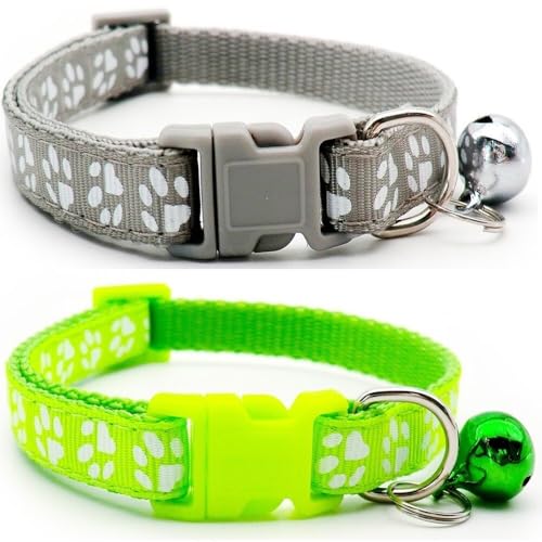 Doggie Style Store Halsbänder für kleine Hunde, Welpen, Katzen, Kätzchen, Pfotenabdruck, Nylon, mit Glöckchen, zweifarbig, Grau und Hellgrün, 2 Stück Doggie Style Store Halsbänder für kleine Hunde, Welpen, Katzen, Kätzchen, Pfotenabdruck, Nylon, mit Glöckchen, zweifarbig, Grau und Hellgrün, 2 Stück von Doggie Style Store