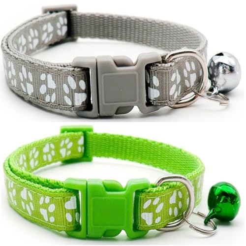 Doggie Style Store Halsbänder für kleine Hunde, Welpen, Katzen, Kätzchen, Pfotenabdruck, Nylon, mit Glöckchen, zweifarbig, Grau und Limettengrün, 2 Stück von Doggie Style Store