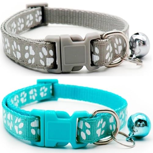 Doggie Style Store Halsbänder für kleine Hunde, Welpen, Katzen, Kätzchen, Pfotenabdruck, Nylon, mit Glöckchen, zweifarbig, Grau und Türkis, 2 Stück von Doggie Style Store