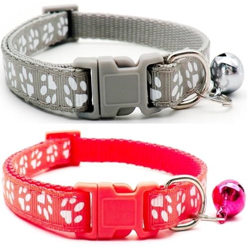 Doggie Style Store Halsbänder für kleine Hunde, Welpen, Katzen, Kätzchen, Pfotenabdruck, Nylon, mit Glöckchen, zweifarbig, Grau und Wassermelone, 2 Stück Doggie Style Store Halsbänder für kleine Hunde, Welpen, Katzen, Kätzchen, Pfotenabdruck, Nylon, mit Glöckchen, zweifarbig, Grau und Wassermelone, 2 Stück von Doggie Style Store