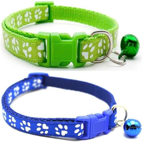 Doggie Style Store Halsbänder für kleine Hunde, Welpen, Katzen, Kätzchen, Pfotenabdruck, Nylon, mit Glöckchen, zweifarbig, Limettengrün und Blau, 2 Stück Doggie Style Store Halsbänder für kleine Hunde, Welpen, Katzen, Kätzchen, Pfotenabdruck, Nylon, mit Glöckchen, zweifarbig, Limettengrün und Blau, 2 Stück von Doggie Style Store