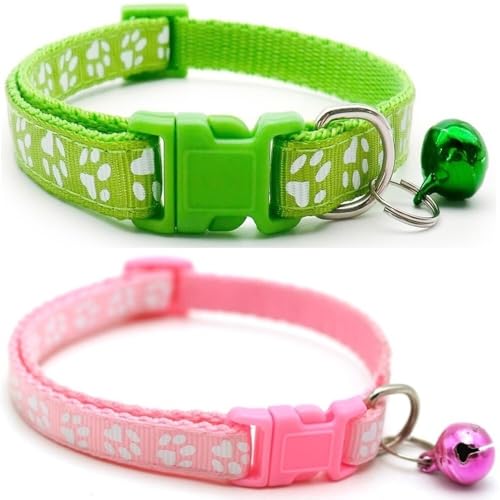 Doggie Style Store Halsbänder für kleine Hunde, Welpen, Katzen, Kätzchen, Pfotenabdruck, Nylon, mit Glöckchen, zweifarbig, Limettengrün und Rosa, 2 Stück Doggie Style Store Halsbänder für kleine Hunde, Welpen, Katzen, Kätzchen, Pfotenabdruck, Nylon, mit Glöckchen, zweifarbig, Limettengrün und Rosa, 2 Stück von Doggie Style Store
