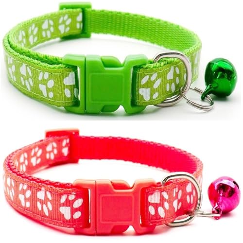 Doggie Style Store Halsbänder für kleine Hunde, Welpen, Katzen, Kätzchen, Pfotenabdruck, Nylon, mit Glöckchen, zweifarbig, Limettengrün und Wassermelone, 2 Stück von Doggie Style Store