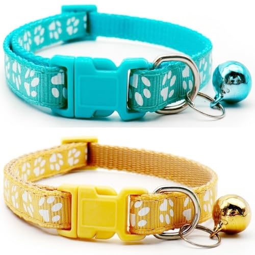 Doggie Style Store Halsbänder für kleine Hunde, Welpen, Katzen, Kätzchen, Pfotenabdruck, Nylon, mit Glöckchen, zweifarbig, Türkis und Beige, 2 Stück von Doggie Style Store