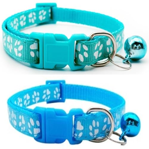 Doggie Style Store Halsbänder für kleine Hunde, Welpen, Katzen, Kätzchen, Pfotenabdruck, Nylon, mit Glöckchen, zweifarbig, Türkis und Hellblau, 2 Stück Doggie Style Store Halsbänder für kleine Hunde, Welpen, Katzen, Kätzchen, Pfotenabdruck, Nylon, mit Glöckchen, zweifarbig, Türkis und Hellblau, 2 Stück von Doggie Style Store