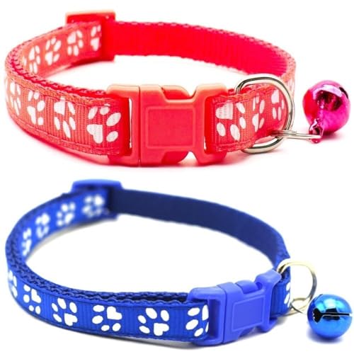Doggie Style Store Halsbänder für kleine Hunde, Welpen, Katzen, Kätzchen, Pfotenabdruck, Nylon, mit Glöckchen, zweifarbig, Wassermelone und Blau, 2 Stück Doggie Style Store Halsbänder für kleine Hunde, Welpen, Katzen, Kätzchen, Pfotenabdruck, Nylon, mit Glöckchen, zweifarbig, Wassermelone und Blau, 2 Stück von Doggie Style Store