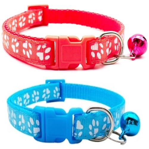 Doggie Style Store Halsbänder für kleine Hunde, Welpen, Katzen, Kätzchen, Pfotenabdruck, Nylon, mit Glöckchen, zweifarbig, Wassermelone und Hellblau, 2 Stück Doggie Style Store Halsbänder für kleine Hunde, Welpen, Katzen, Kätzchen, Pfotenabdruck, Nylon, mit Glöckchen, zweifarbig, Wassermelone und Hellblau, 2 Stück von Doggie Style Store