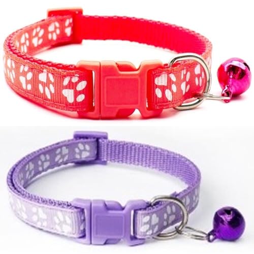 Doggie Style Store Halsbänder für kleine Hunde, Welpen, Katzen, Kätzchen, Pfotenabdruck, Nylon, mit Glöckchen, zweifarbig, Wassermelone und Hellviolett, 2 Stück Doggie Style Store Halsbänder für kleine Hunde, Welpen, Katzen, Kätzchen, Pfotenabdruck, Nylon, mit Glöckchen, zweifarbig, Wassermelone und Hellviolett, 2 Stück von Doggie Style Store