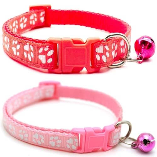 Doggie Style Store Halsbänder für kleine Hunde, Welpen, Katzen, Kätzchen, Pfotenabdruck, Nylon, mit Glöckchen, zweifarbig, Wassermelone und Rosa, 2 Stück von Doggie Style Store