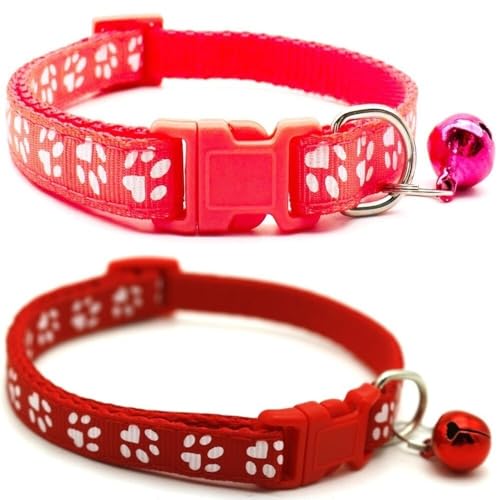 Doggie Style Store Halsbänder für kleine Hunde, Welpen, Katzen, Kätzchen, Pfotenabdruck, Nylon, mit Glöckchen, zweifarbig, Wassermelone und Rot, 2 Stück von Doggie Style Store