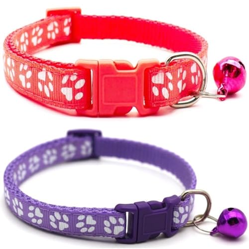 Doggie Style Store Halsbänder für kleine Hunde, Welpen, Katzen, Kätzchen, Pfotenabdruck, Nylon, mit Glöckchen, zweifarbig, Wassermelone und Violett, 2 Stück von Doggie Style Store