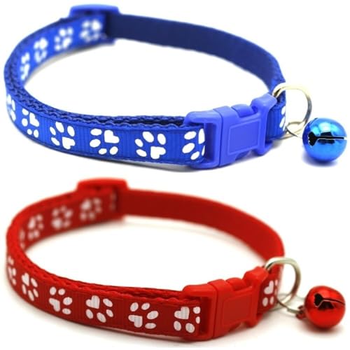 Doggie Style Store Halsbänder für kleine Hunde, Welpen, Katzen, Kätzchen, Pfotenabdruck-Design, Nylon mit Glöckchen, 2 Farben, Blau und Rot, Doppelpack Doggie Style Store Halsbänder für kleine Hunde, Welpen, Katzen, Kätzchen, Pfotenabdruck-Design, Nylon mit Glöckchen, 2 Farben, Blau und Rot, Doppelpack von Doggie Style Store