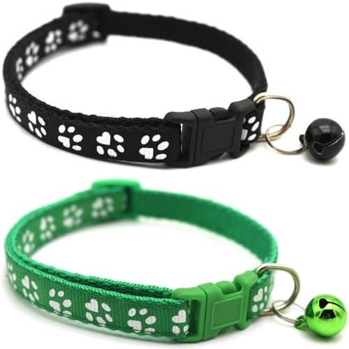Doggie Style Store Halsbänder für kleine Hunde, Welpen, Katzen, Kätzchen, Pfotenabdruck-Design, Nylon mit Glöckchen, 2 Farben, Schwarz und Grün, Doppelpack Doggie Style Store Halsbänder für kleine Hunde, Welpen, Katzen, Kätzchen, Pfotenabdruck-Design, Nylon mit Glöckchen, 2 Farben, Schwarz und Grün, Doppelpack von Doggie Style Store