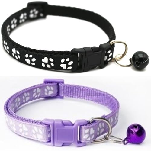 Doggie Style Store Halsbänder für kleine Hunde, Welpen, Katzen, Kätzchen, Pfotenabdruck-Design, Nylon mit Glöckchen, 2 Farben, Schwarz und Hellviolett, Doppelpack Doggie Style Store Halsbänder für kleine Hunde, Welpen, Katzen, Kätzchen, Pfotenabdruck-Design, Nylon mit Glöckchen, 2 Farben, Schwarz und Hellviolett, Doppelpack von Doggie Style Store