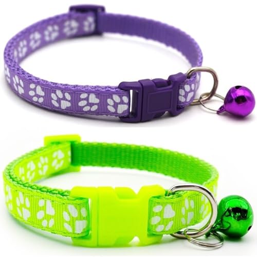 Doggie Style Store Halsbänder für kleine Hunde, Welpen, Katzen, Kätzchen, Pfotenabdruck-Design, Nylon mit Glöckchen, 2 Farben, Violett und Hellgrün, Doppelpack Doggie Style Store Halsbänder für kleine Hunde, Welpen, Katzen, Kätzchen, Pfotenabdruck-Design, Nylon mit Glöckchen, 2 Farben, Violett und Hellgrün, Doppelpack von Doggie Style Store