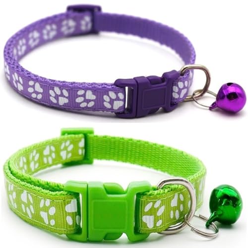 Doggie Style Store Halsbänder für kleine Hunde, Welpen, Katzen, Kätzchen, Pfotenabdruck-Design, Nylon mit Glöckchen, 2 Farben, Violett und Limettengrün, Doppelpack Doggie Style Store Halsbänder für kleine Hunde, Welpen, Katzen, Kätzchen, Pfotenabdruck-Design, Nylon mit Glöckchen, 2 Farben, Violett und Limettengrün, Doppelpack von Doggie Style Store