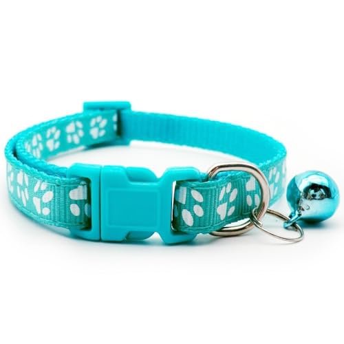 Doggie Style Store Halsband für Hunde, Welpen, Größe S, M, 2 Größen, Pfotenabdruck-Design mit Glöckchen, Nylon, verstellbar, Grün, Blau, Türkis, Größe M von Doggie Style Store