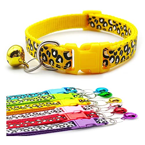 Doggie Style Store Halsband für kleine Hunde, Welpen, Haustiere, Katzen, Kätzchen, Leopardenmuster, Farben, Nylon, mit Glöckchen, verstellbar, Schnellverschluss, Gelb von Doggie Style Store