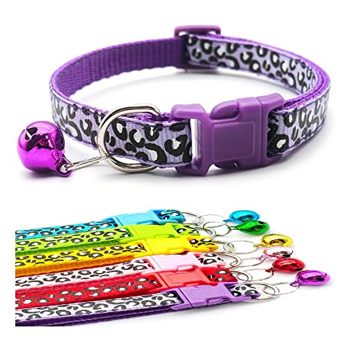 Doggie Style Store Halsband für kleine Hunde, Welpen, Haustiere, Katzen, Kätzchen, Leopardenmuster, Farben, Nylon, mit Glöckchen, verstellbarer Schnellverschluss, Violett von Doggie Style Store