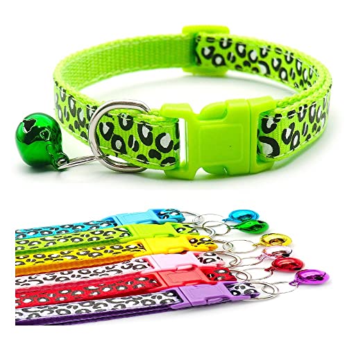 Doggie Style Store Halsband für kleine Hunde, Welpen, Haustiere, Katzen, Kätzchen, Leopardenmuster, Farben, Welpen, ID Nylon, mit Glöckchen, verstellbarer Schnellverschluss, Clip, Schnalle, Grün von Doggie Style Store