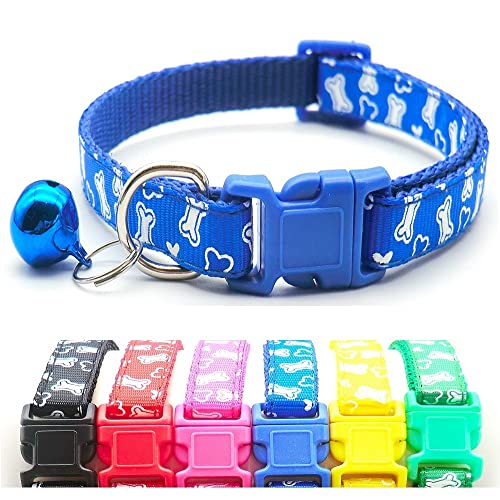 Doggie Style Store Halsband für kleine Hunde, Welpen, Haustiere, Katzen, Kätzchen, weißes Knochen-Design, Nylon, mit Glöckchen, verstellbar, Schnellverschluss, Schnalle, Blau von Doggie Style Store